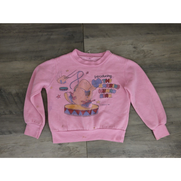 VINTAGE Morgan 1982 Girls Graphic Crew Neck Raglan Sweatshirt Sz 5-6 Human Bean - Picture 1 of 9